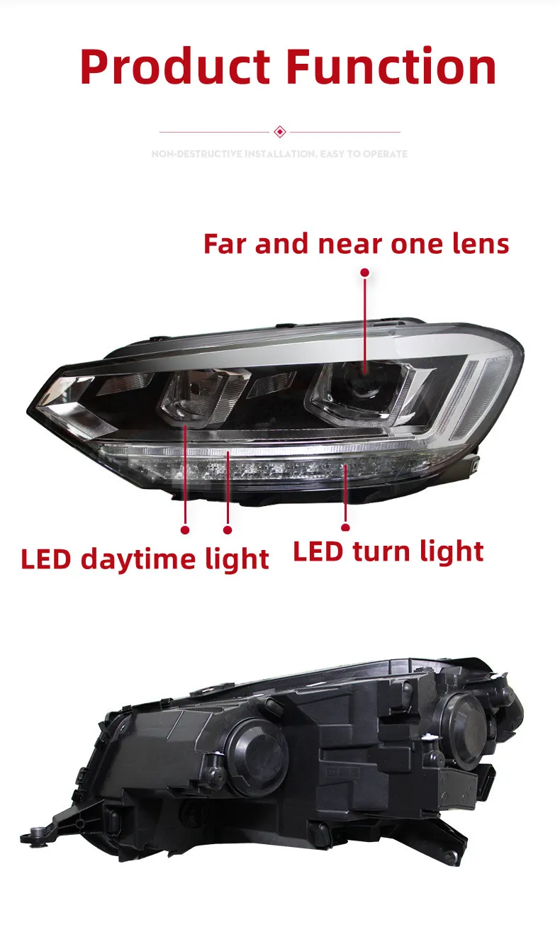 For VW Touran 20 16-20 19 Headlight Assembly Upgrade LED Lens Headlight Daytime Running Light Dual lens High Beam