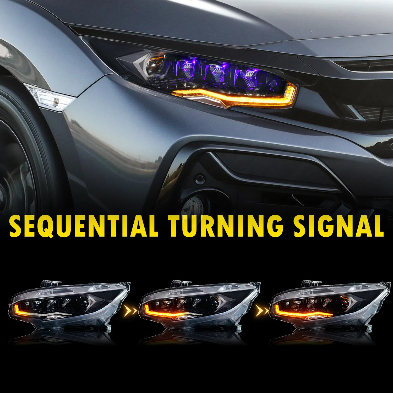 Headlight Assembly For HONDA CIVIC 10th 20 16-20 21 LED Running Lights Upgrade Dual Lens Star Diamond Style Headlights