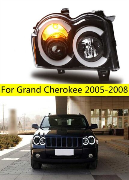 Car Headlights for Grand Cherokee LED Headlight 2005-2008 V2 Projector Head Lights High Beam Angel Eye Turn Signal
